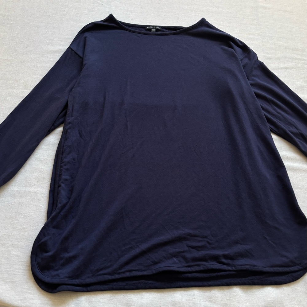 Eileen Fisher Stretch Jersey Boatneck Navy Relaxed Tee M | Minimalist